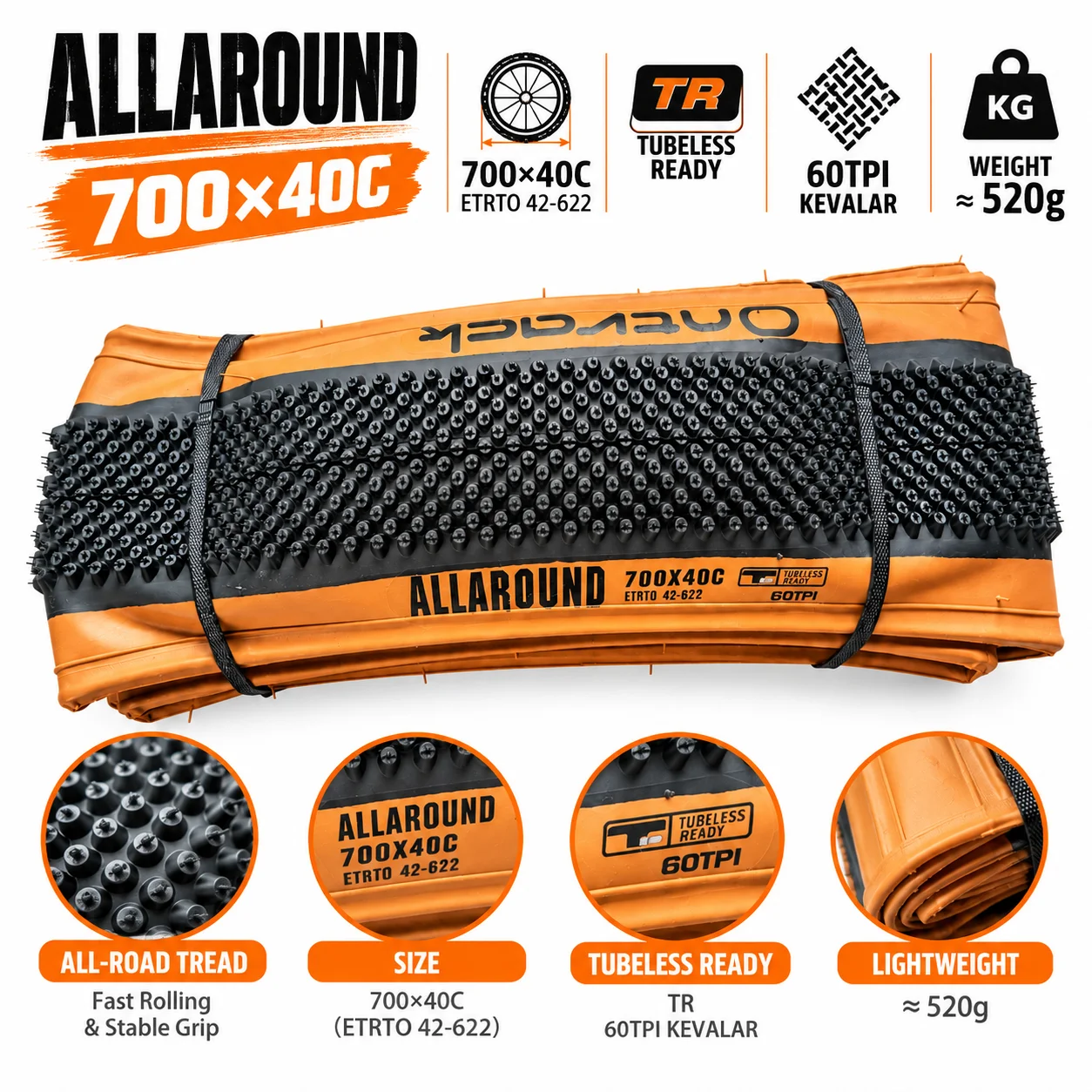 Ontrack Gravel-Bike-Reifen 700x40C 700x45C Tubeless Ready 60TPI Kevlar Faltbarer Tanwall-Fahrradreifen für Gravel, Straße und Dirt-Trail – Detail 11