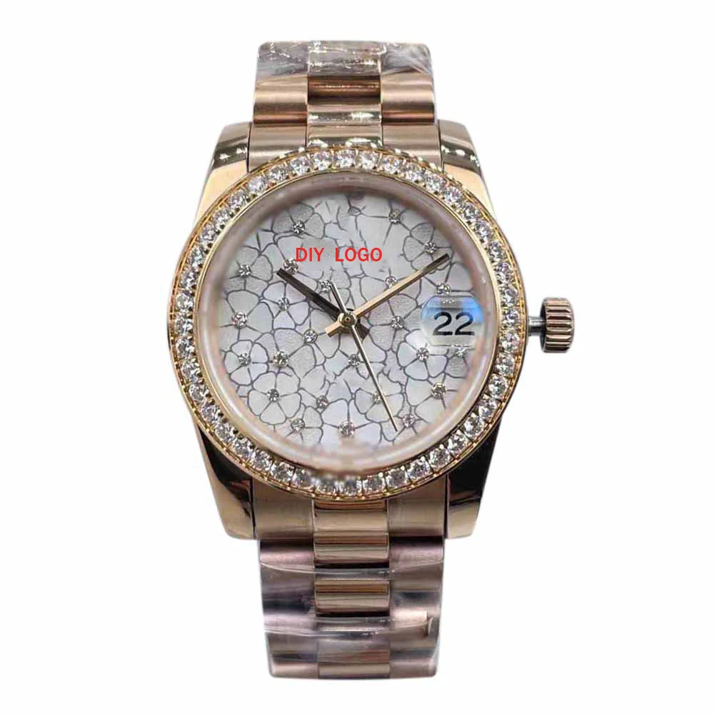 Customized 31mm Women's Fashion Mechanical Watch with 24 Diamonds and Calendar Window