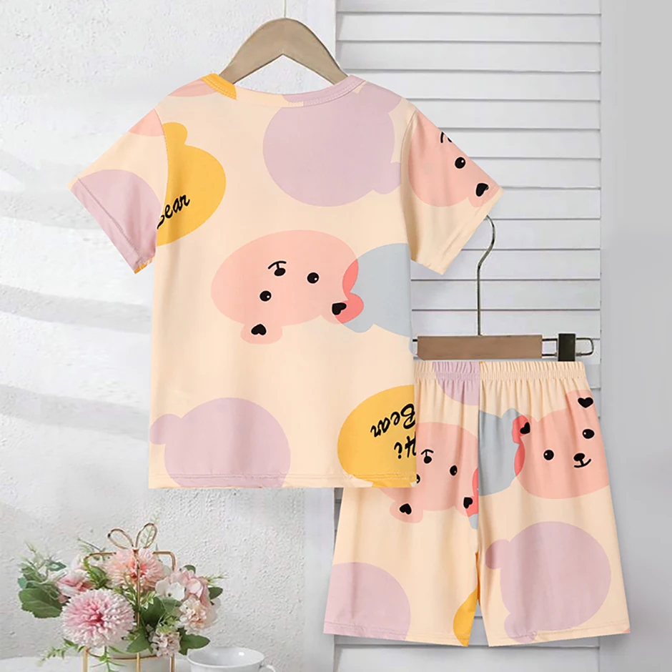 2-tlg. Kinder Sommer Mode Druck Hause Kleidung Anzug Junge Bequeme Joker Dinosaurier Kurzen ärmeln Mädchen Süße Rosa shorts Anzug – Detail 13