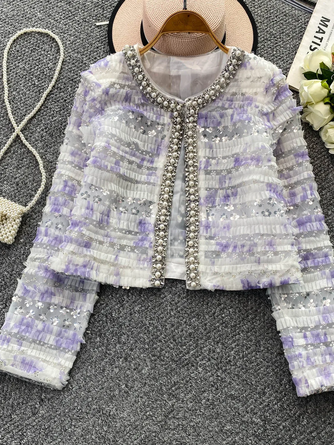 

round Neck Diamond Embellished Mesh Jacket Younglooking Commute Style Loose Fit Outerwear Elegant Design Chinese Pr...