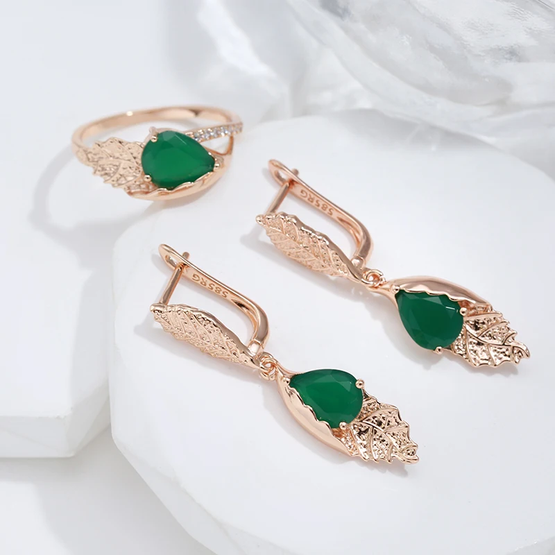 Wbmqda  Luxury 585 Rose Gold Color Leaf Long Earring Ring For Women Green Natural Zircon Setting Ethnic Wedding Jewelry Sets