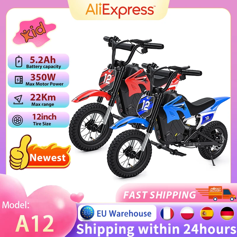 Moto électrique pour enfants avec moteur 350W, autonomie de 22 km, batterie 36V5.2Ah A12, 3 vitesses, freins doubles, amortisseurs, lumières LED pour le plaisir en plein air