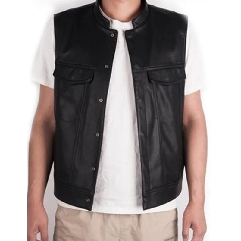 Purchase 2025 new vest, solid color zipper button motorcycle, casual outdoor punk top, leather vest