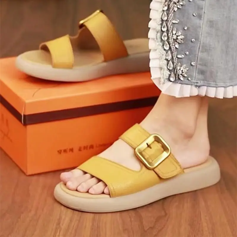 Shoes for Women Leather Slides Open Toe Woman Slippers Flip Flops Sandals Flat Kawaii Cute on Beach Original Wholesale New Style