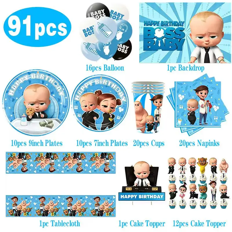Blaues Little Executive Baby B-BOSSED Duschparty-Dekorationsset mit Einwegteller, Bechern, Servietten, Banner und Ballons für Geburtstagsfeiern – Detail 7