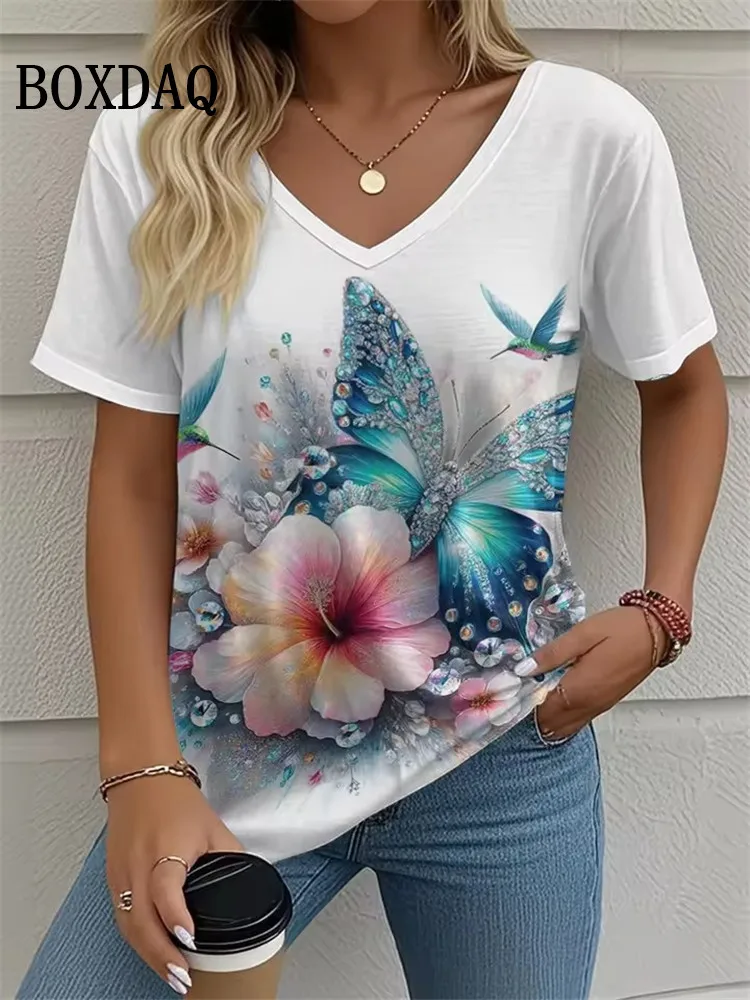 Casual V-Neck Women's T-shirt Summer Outdoor Fashion Short Sleeve Tops Floral Print Butterfly Pattern Plus Size Women's Clothing