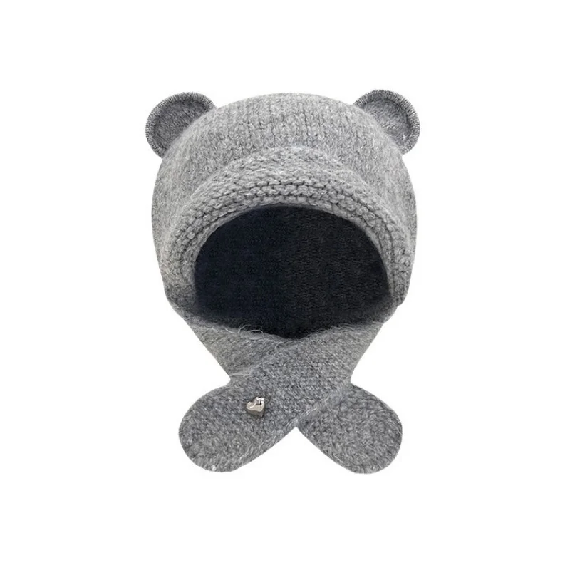 2024 New Japanese Cute Bear Ear Woolen Bomber Hat Woman Girls Autumn and Winter Warm Neck and Ear Knitted Pullover Cap