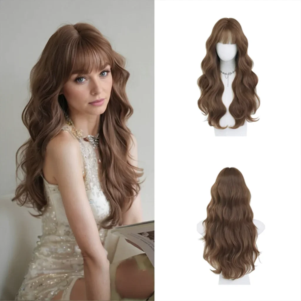 Long Layered Body Wave Wig With Air Bangs Women Synthetic Curly Hair Soft Fluffy Heat Resistant Natural Looking Daily Wear Wigs