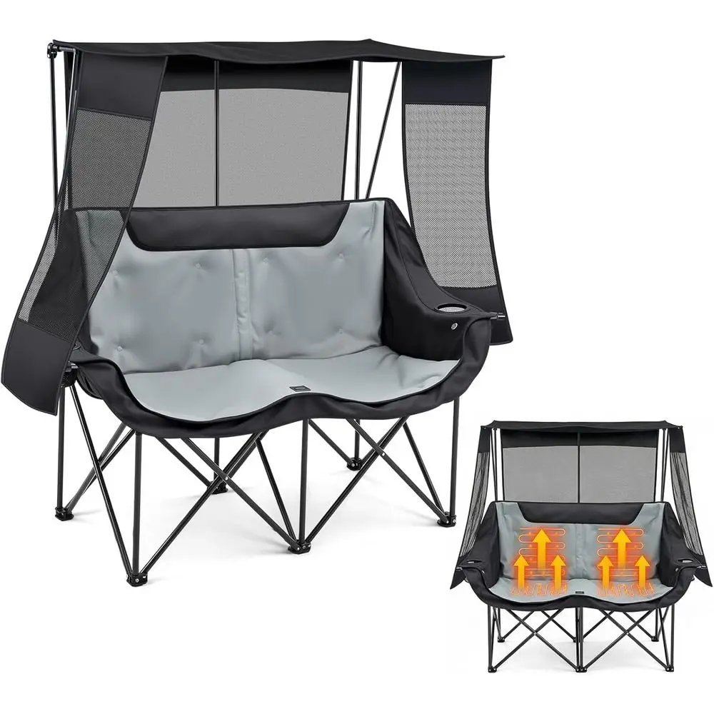 

Двойное складное кресло для кемпинга, пляжное кресло-софа для кемпинга с мягким сиденьем и подстаканниками, выдерживающее нагрузку до 300 кг, уличное кресло с 4-зонным подогревом