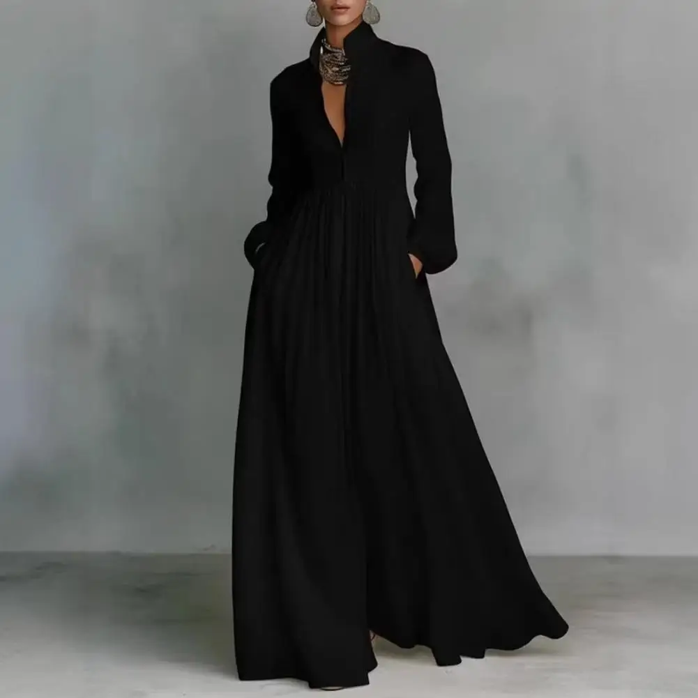 French Style Women Dress Stand Collar Long Sleeve Buttons Down Maxi Dress Pleated Flowy Hem Elegant Single Breasted Long Dress - view 2
