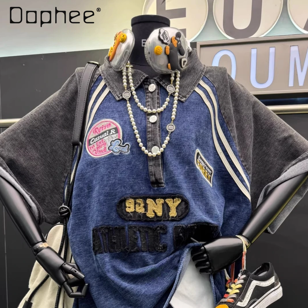 

Весенне-летняя женская футболка-поло в американском ретро-стиле с контрастными вставками, коротким рукавом и рукавом три четверти, в университетском стиле