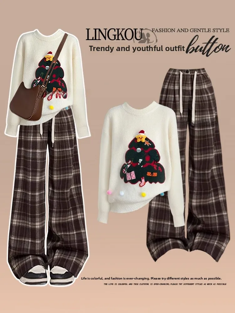

Christmas Plaid Sweater And Casual Pants Two-Piece Set for Women Lazy Style Autumn Winter High-End Feeling plus Size Outfit