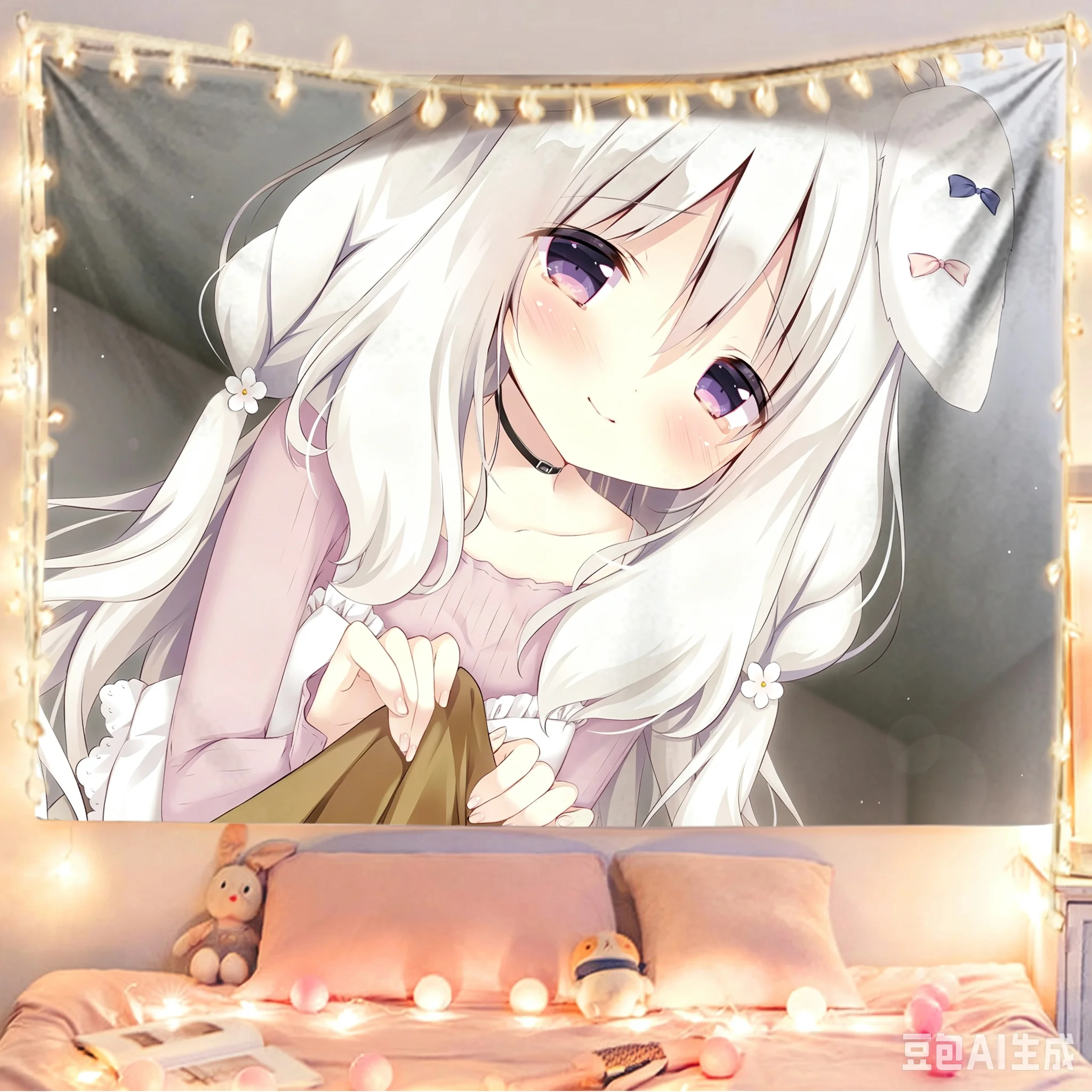 Anime White Rabbit Girl Tapestry Kawaii Cute Bunny Ear Girl Wall Hanging Starry Sky Romantic Love Aesthetic Tapestries Bedroom D