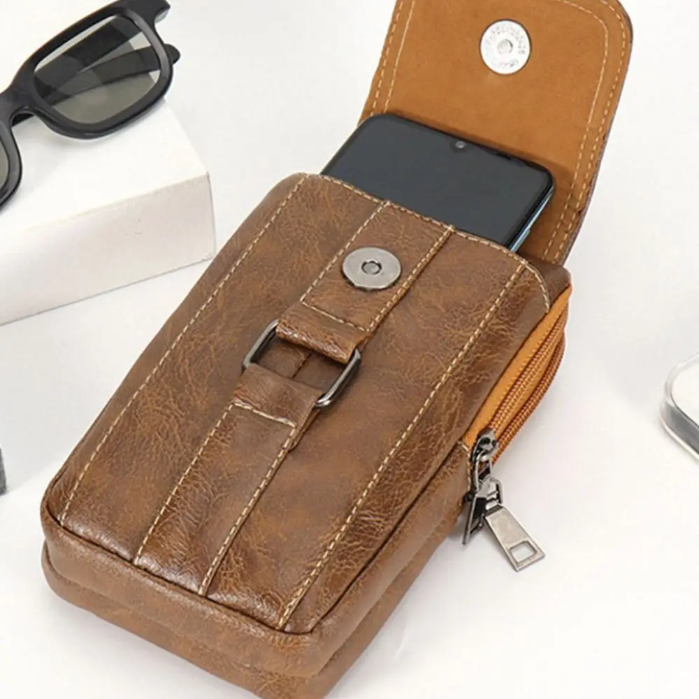 Vintage-Stil PU-Leder Hüfttasche Wasserdichte Mehrschichtige Handytasche mit Hüftgurt Brusttasche für Outdoor-Aktivitäten – Detail 6