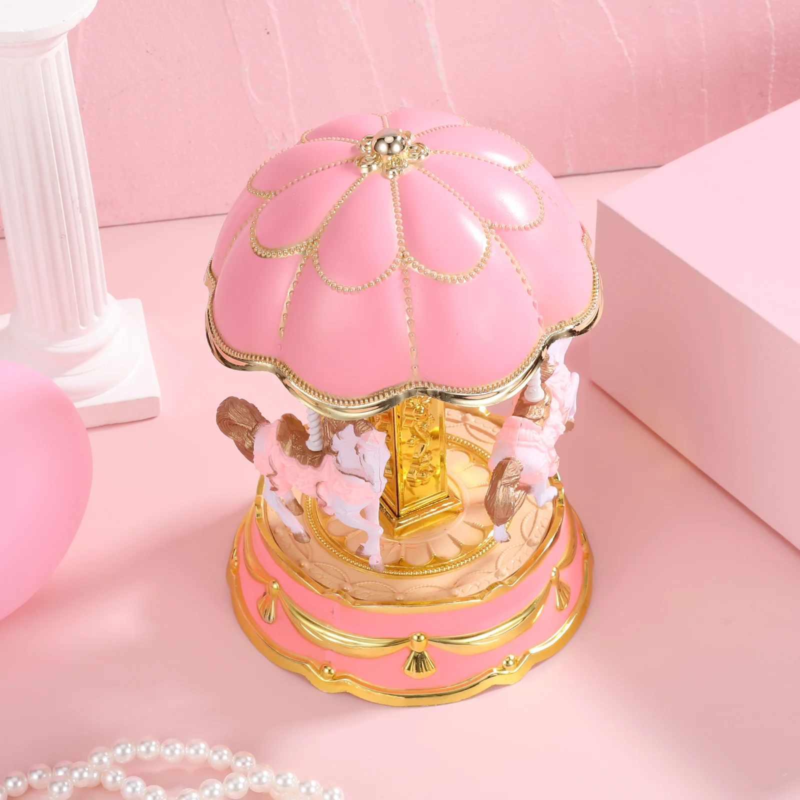 

Carousel Music Box Vintage Wind Up with Rotating Horses LED Lights Desktop Decor Table Centerpiece for Bedroom Living Room