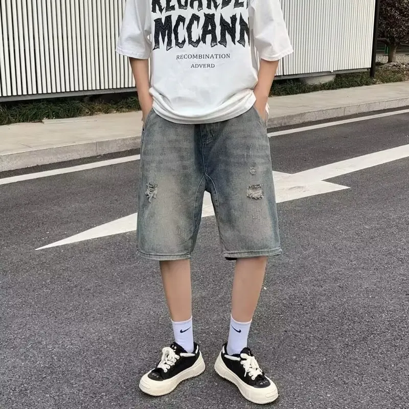 

American High Street Vibe Men's Summer Thin Casual Loose Large Size Five orts Jeans Casual Loose Fit Hole Punching