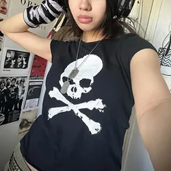 Vintage Grunge Graphic Print Short Sleeve T-Shirt Y2k Slim Crop Top Gothic Skull Punk Streetwear Women's Tee Summer Casual 90s