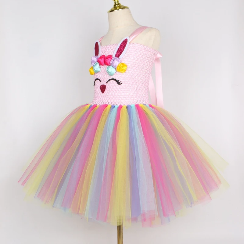 New Halloween Easter Bunny Tulle Tutu Dress for Girls Stage Puffy Skirt with Rainbow Flowers Children's Formal Princess Dress
