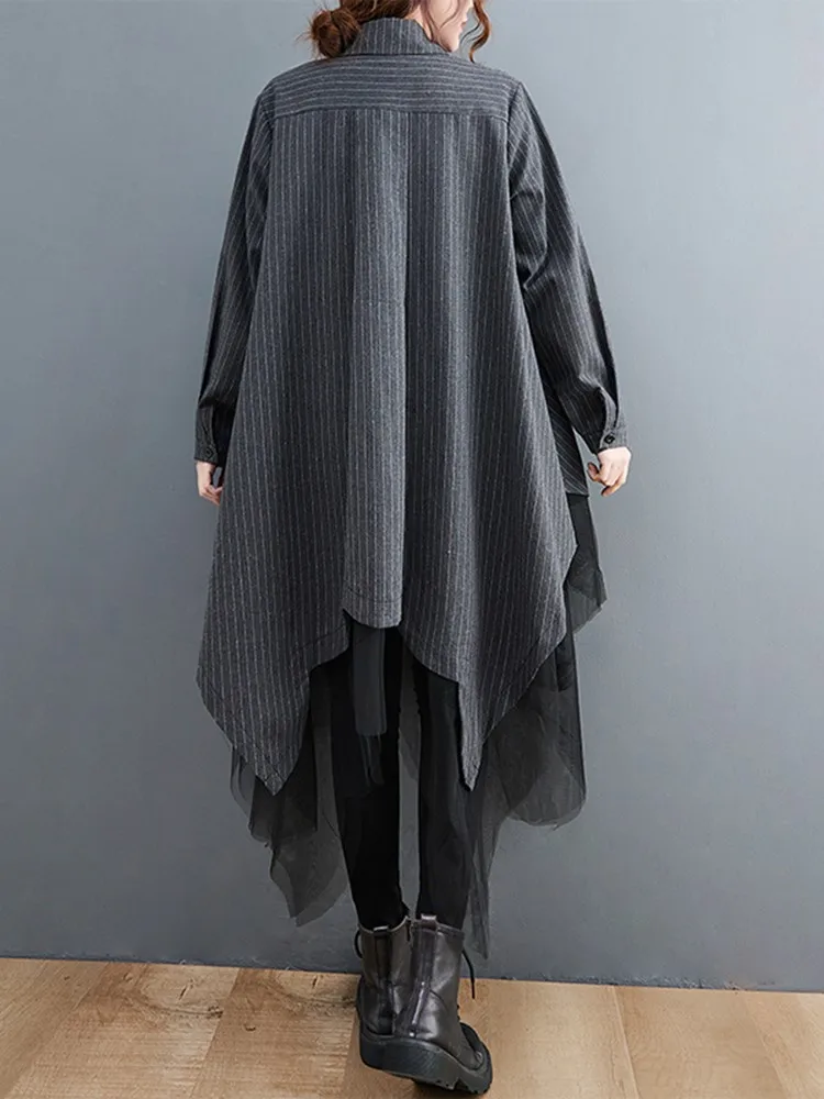 Oversized mesh gestreepte shirtjurk dames shirts met lange mouwen losse casual onregelmatige damesjurken mode vrouw jurk