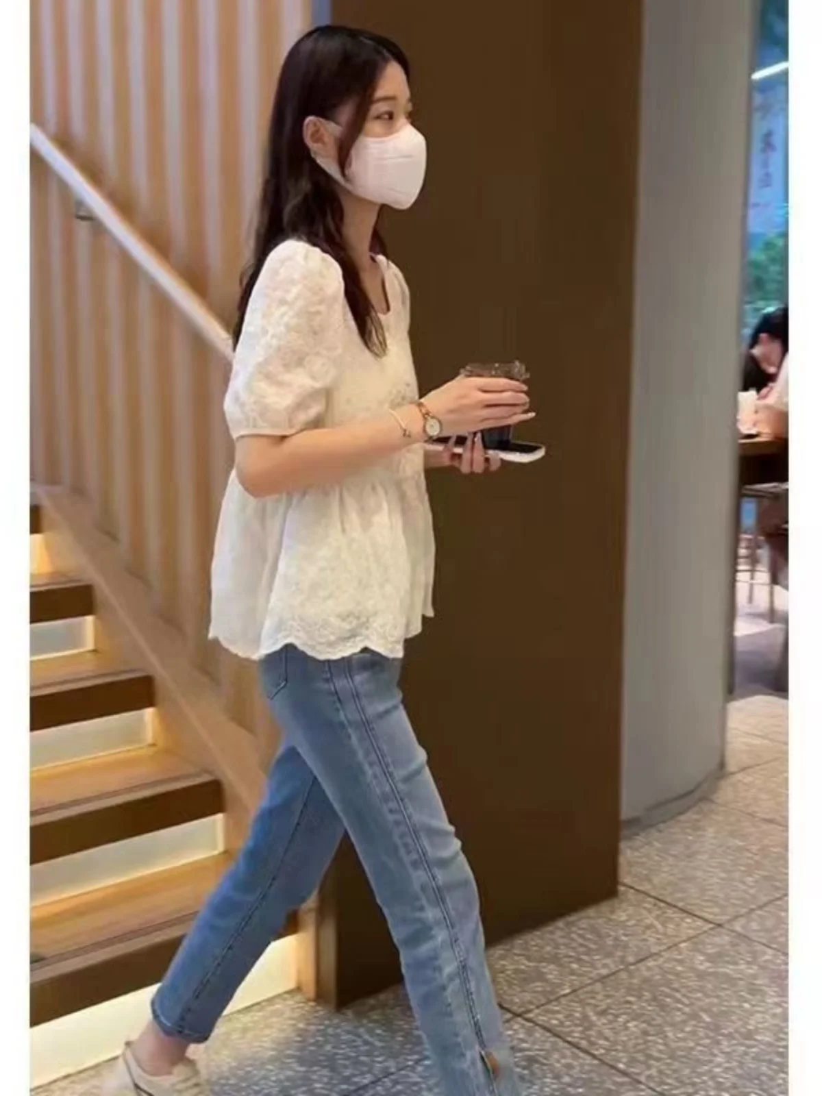 우아한 프랑스 스타일 자수 레이스 버블 슬리브 스퀘어 칼라 돌 셔츠 여성 여름 캐주얼 루즈핏 반팔 탑