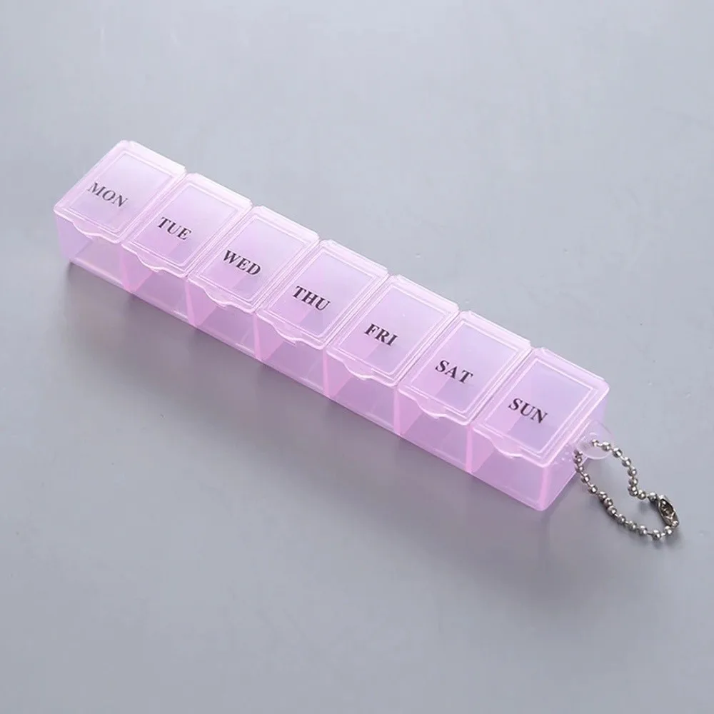 7-Tage-Wochenpillenbox Bunter Mini-Medikamentenbehälter Tragbarer Behälter mit Knopföffnung Pillenorganizer-Etui – Detail 11