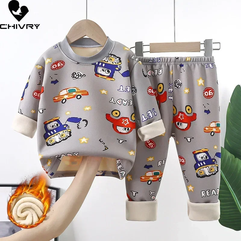 New 2023 Autumn Winter Kids Thicken Warm Pajamas Baby Boys Girls Cartoon Long Sleeve Pyjamas Toddler Sleepwear Clothing Sets