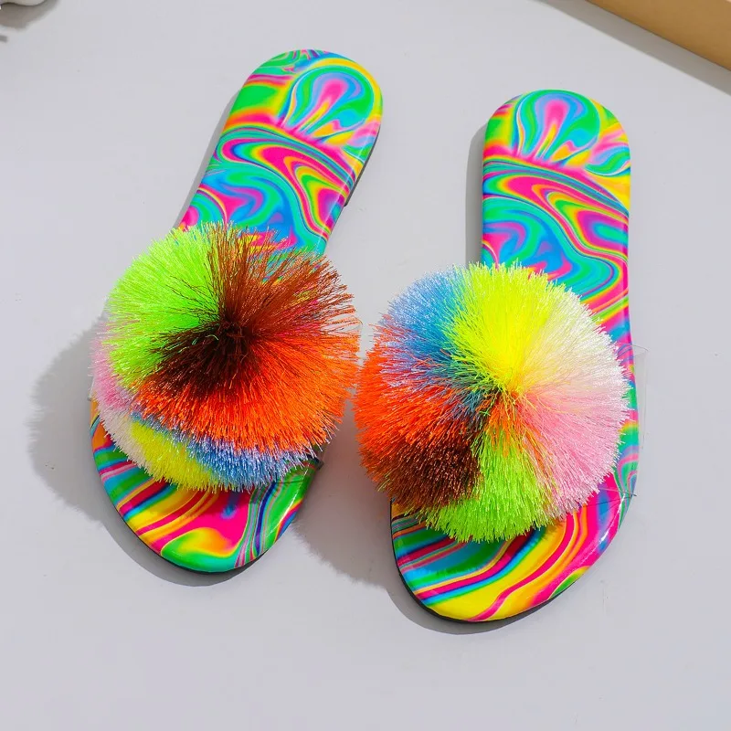 2024 New One line Slippers for Women Wearing Candy Colored Rainbow Graffiti Beach Shoes