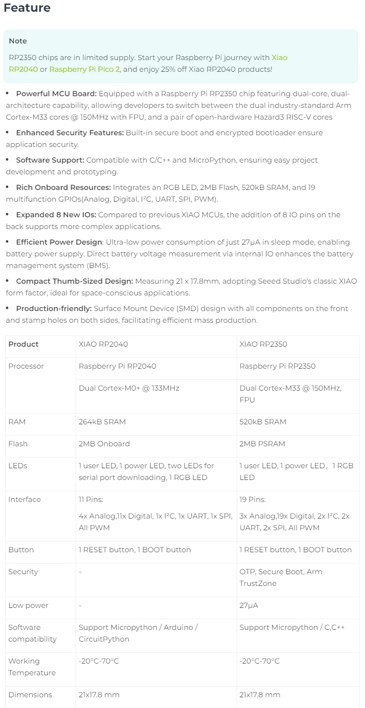 XIAO RP2350 Entwicklungsboard Onboard Raspberry Pi RP2350 MCU Mini Core Board kompatibel mit C/C++ und MicroPython – Detail 2