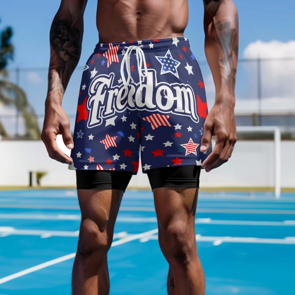 Мужские шорты для бега 2 в 1, быстросохнущие спортивные шорты с подкладкой, шорты для тренировок, пляжная одежда с американским флагом Freedom