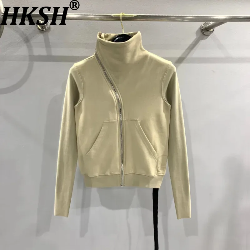 

HKSH 2025 Autumn Winter New Women's Sweatshirt Asymmetric Zipper Turtleneck Pocket Solid Colro Elegant Casual Trend Tops HK14228