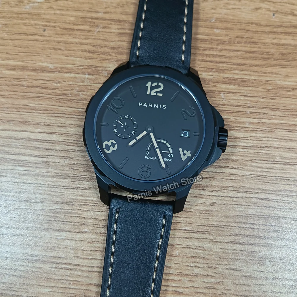 Parnis 44mm Black Case Automatic Mechanical Men Watch Power Reserve Indicator Luminous Marker Sapphire Crystal Watch for Men