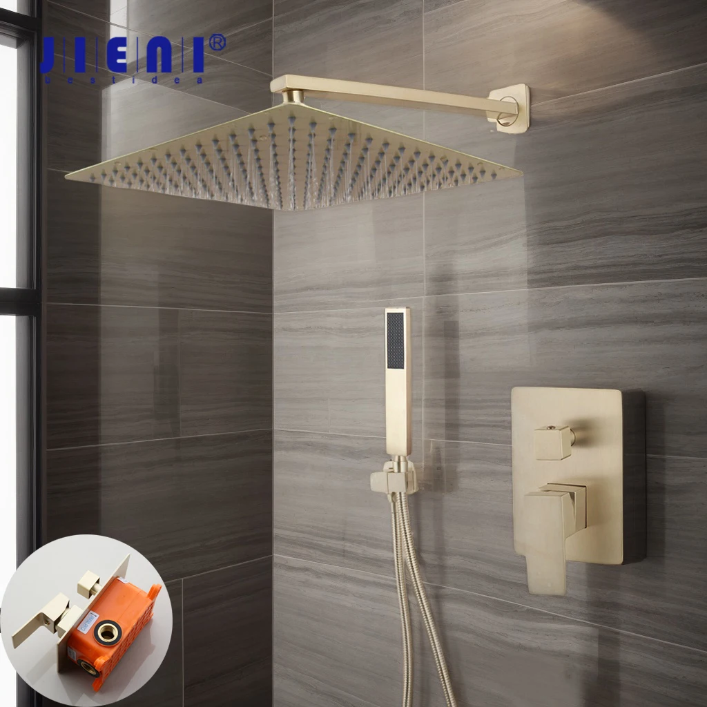 

JIENI Rainfall Bathroom Shower Set 8~12 Inch Wall Mounted Solid Brass Ultrl-thin Square Shower Head Brushed Gold Hand Shower