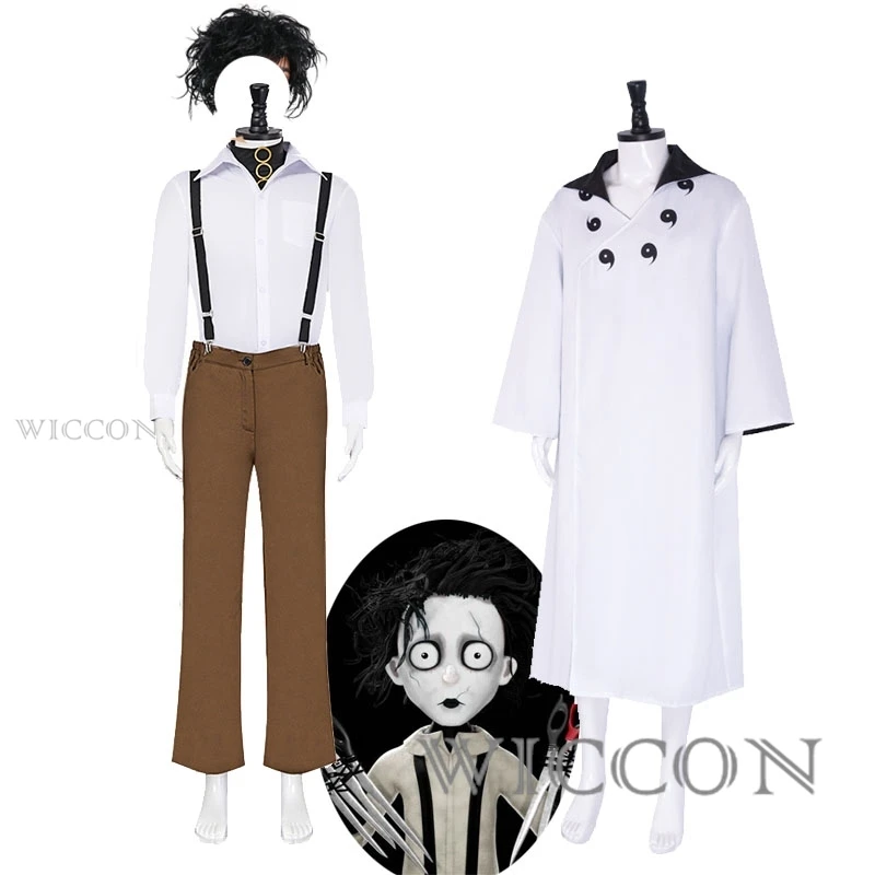 Robot Edward Johnny Cosplay Costume Overalls Rompers Suspender Halloween Party Classic Movie Edward  Roleplay Robots Wig