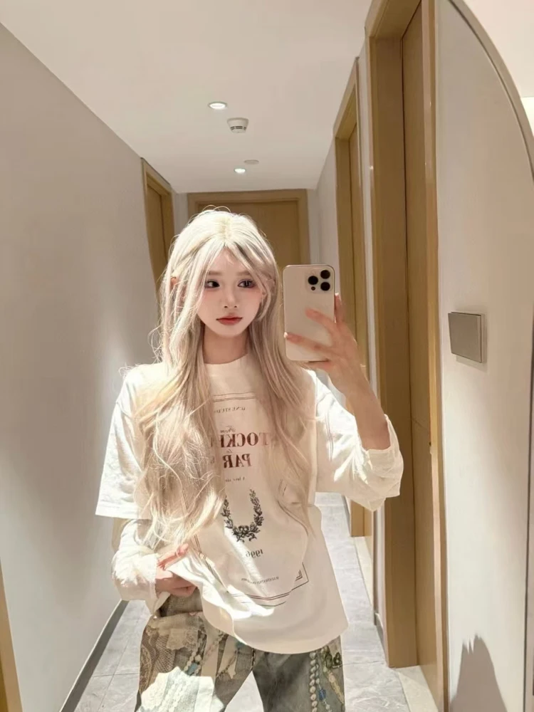 

Женская футболка High Quali Long Sve с буквенным принтом и я, свободный крой, корейский хлопок, полиэстер