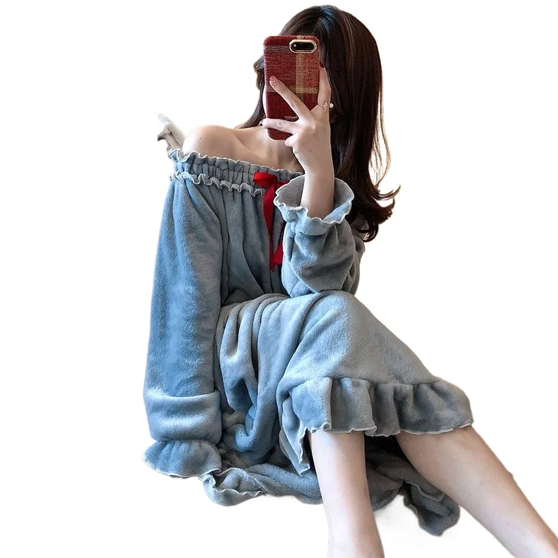 Fleece Women Nightgown Korean Ruffles Sleepwear Winter Night Dress Knee Length One Piece Pajamas Slash Neck Warm Home Wear New