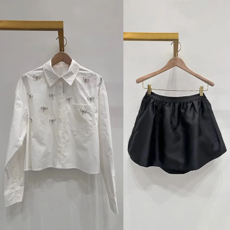 

【Подарок бесплатно】2026, ранняя весна, блузка с милым бантом и цветочным принтом + пышная юбка, комплект, женский элегантный комплект из двух предметов