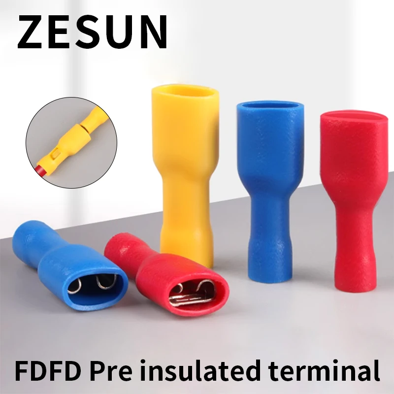 50/100pcs FDFD1.25/2/5.5 quick connect terminal female fully insulated cold pressed terminal plug spring terminal AWG22-10
