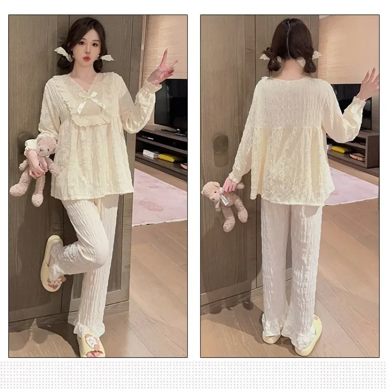 5XL 110kg Plus Size Korean Sweet Loungewear Ins Loose Pajamas set Women\'s Autumn Princess Style Long Sleeves Shirt snd Trousers