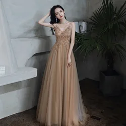 Champagne Spaghetti Strap Evening Dress Gorgeous Beading Sequins V-Neck Birthday Party Long Dresses Female Formal Banquet Gowns