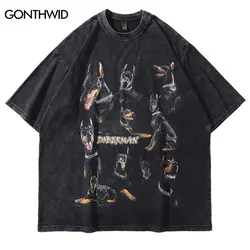 Oversize Distressed T Shirts Hip Hop Vintage Doberman Dog Print Punk Rock Gothic Tshirt Streetwear 2022 Harajuku Casual T-Shirt