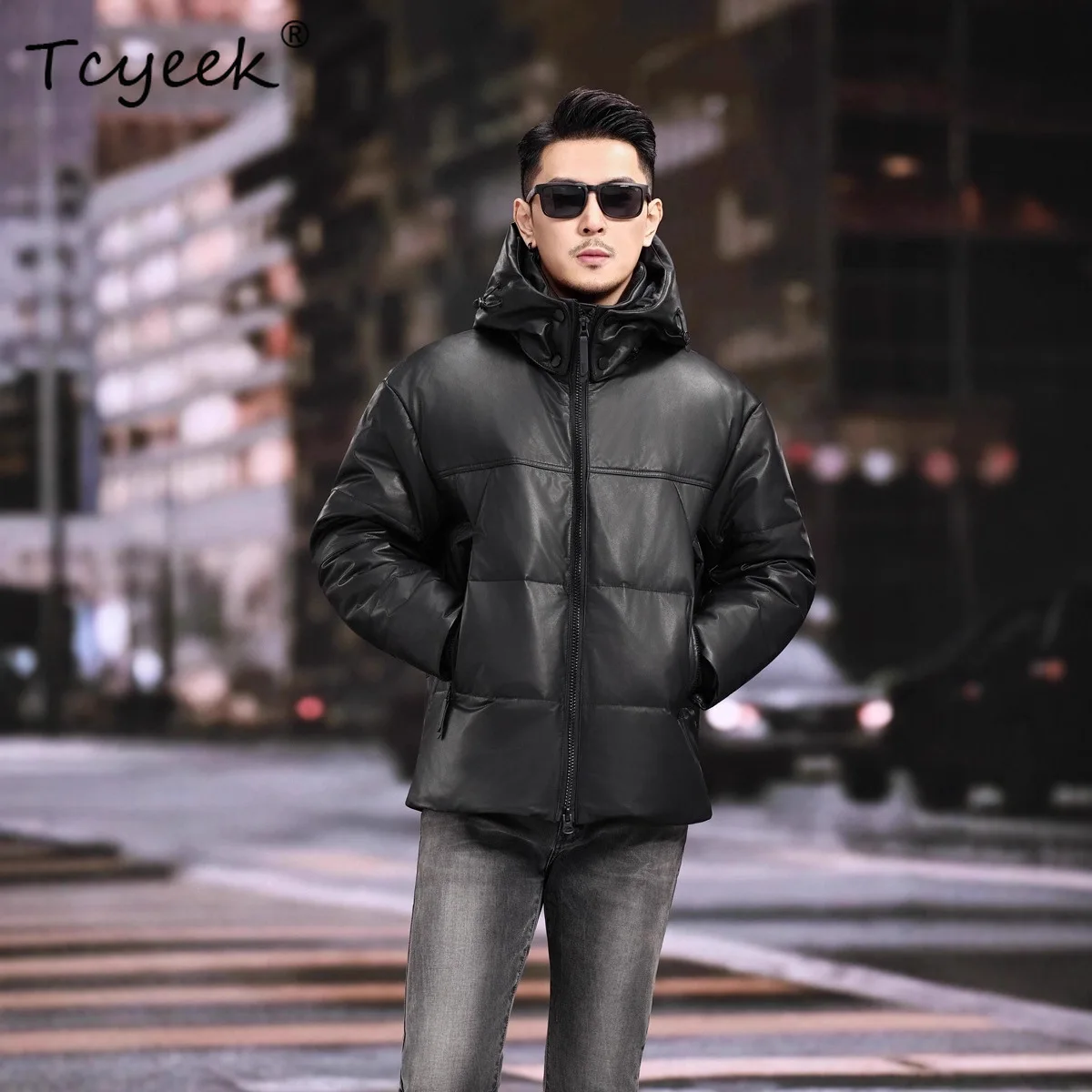 

Tcyeek верхний слой из воловьей кожи, куртка из натуральной кожи, мужская зимняя одежда, теплое пальто на гусином пуху, шапка, съемные мужские пальто Jaqueta Couro