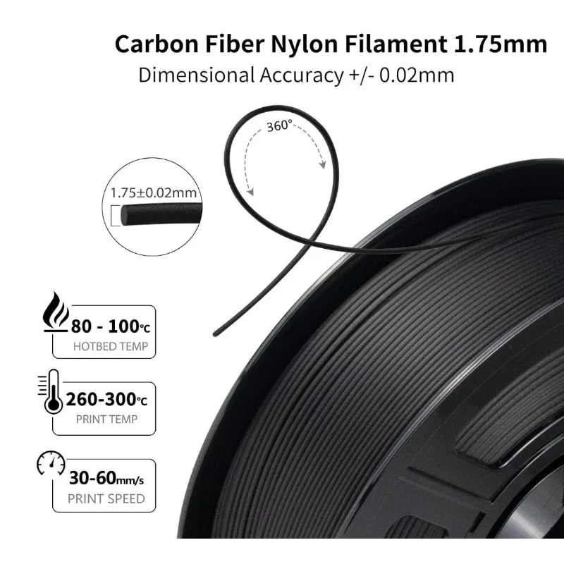 Filamento de nailon de fibra de carbono, filamento de PA6-CF de rigidez, resistente a altas temperaturas, PA6, 1kg (2,2 libras)