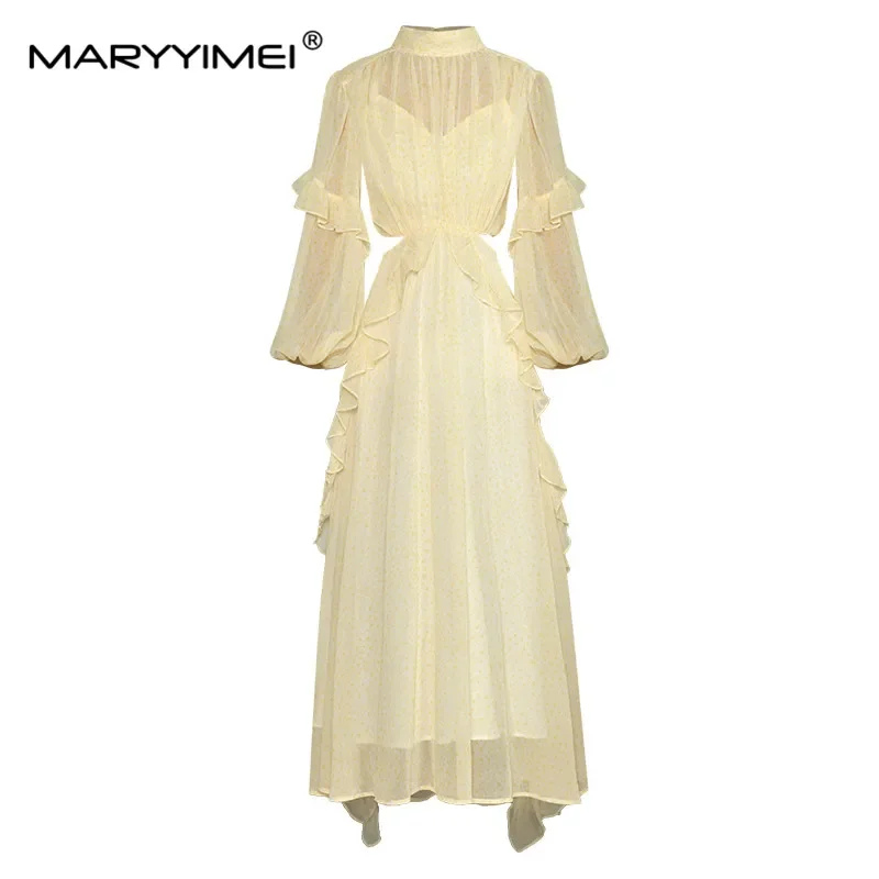 

MARYYIMEI Fashion Women's Autumn dress Standing collar Long sleeved Backless ruffles Slim Holiday Chiffon Maxi Dresses