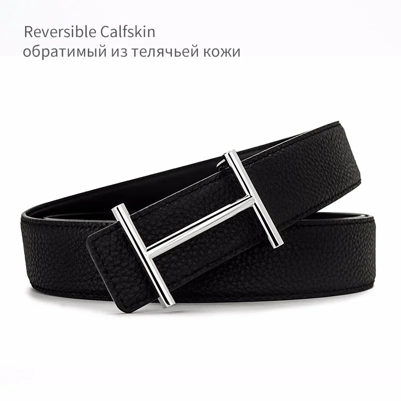 Genuine Leather Business Belt Cowboy Waistband Men Fashion Litchi Stria Pipi Buckle Belts,with Letter 