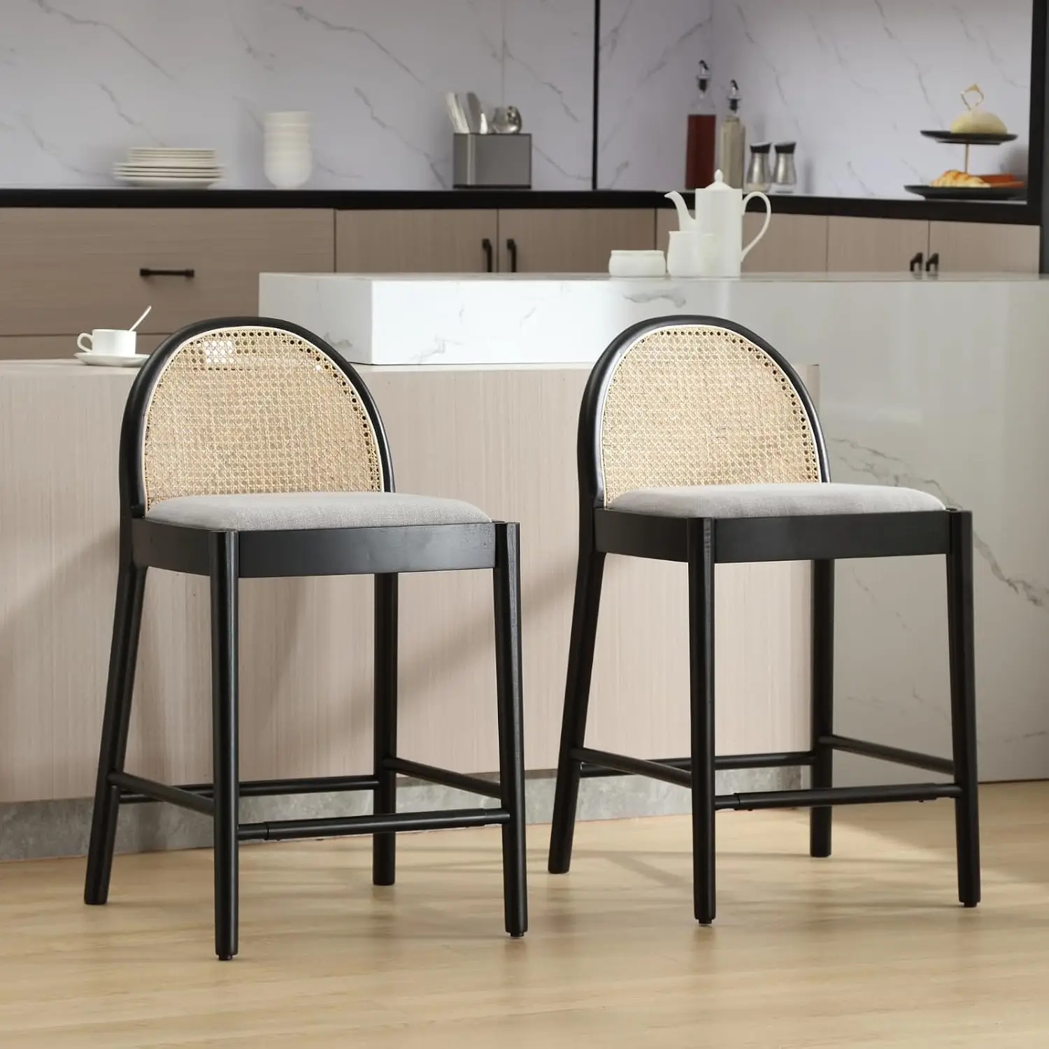 HEAH-YO Modern Counter Stools Set of 2, 26 Inches Counter Height Bar Stools with Rattan Backrests and Solid Wood Legs, Comfy