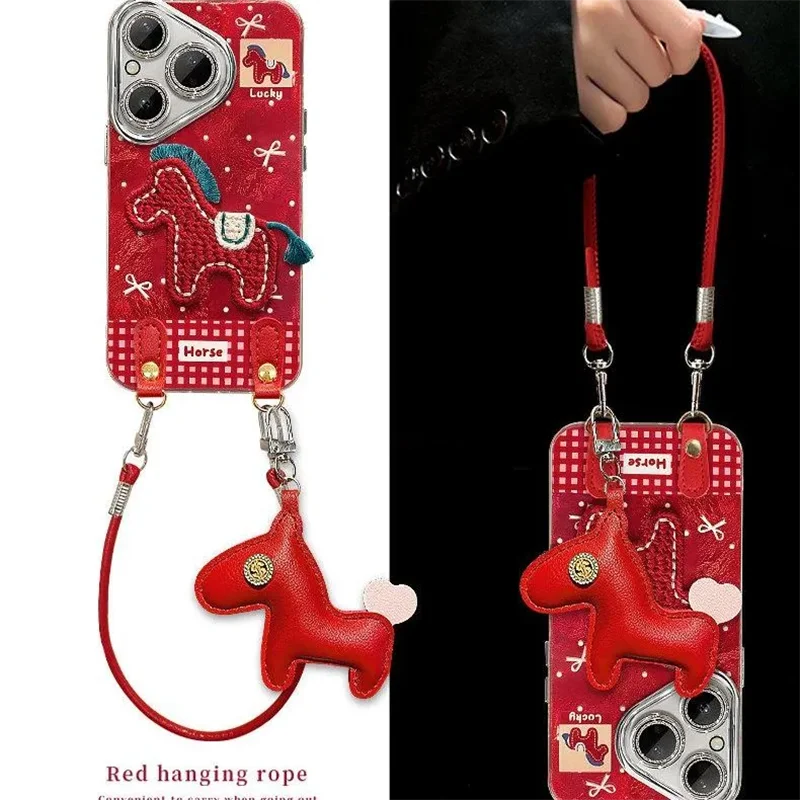 

Red Grid Horse Case for Huawei Pura 70 80Pro 80 Ultra Case Cute embroidery ponny Phone Case for Huawei P40 50 60 Case Kawaii