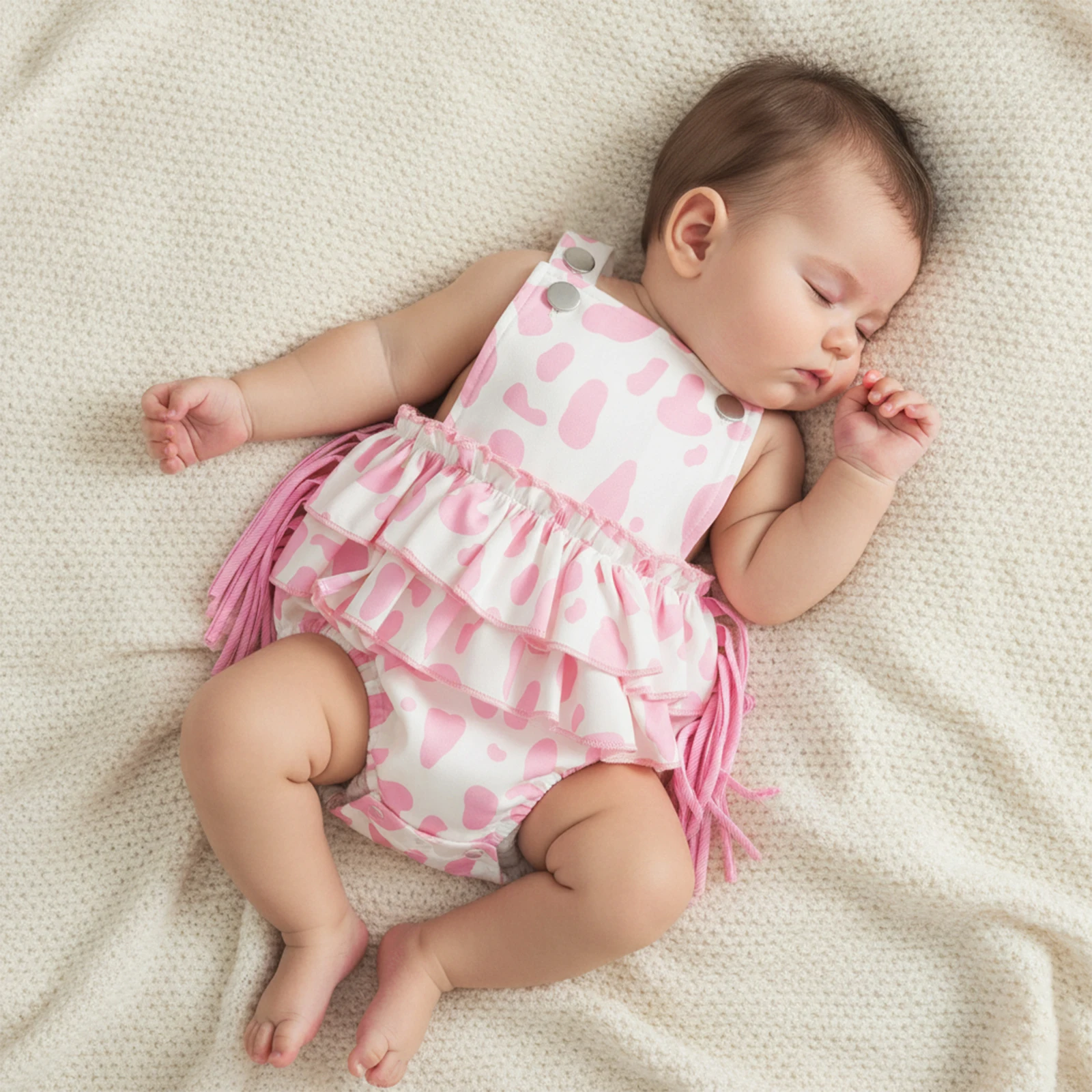 Tregren 0-18M Infant Newborn Baby Girl Overalls, Sleeveless Cow Pattern Tassels Romper Summer Bodysuit for Casual Daily