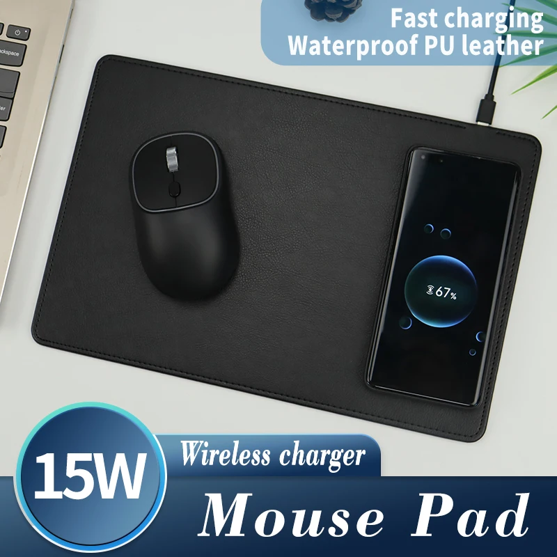 15W QI Wireless Fast Charging With Non-slip Waterproof Mat PAD For Smart Phone Type C USB Office PU Leather Mouse Pad Charger