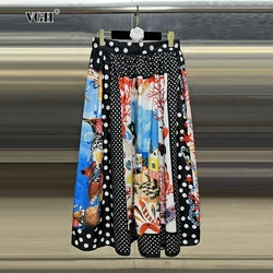 VGH Colorblack Casaul Loose Skirts For Women High Waist Patchwork Zipper Streetwear Prinitng Long Skirt Female Fashion Style New