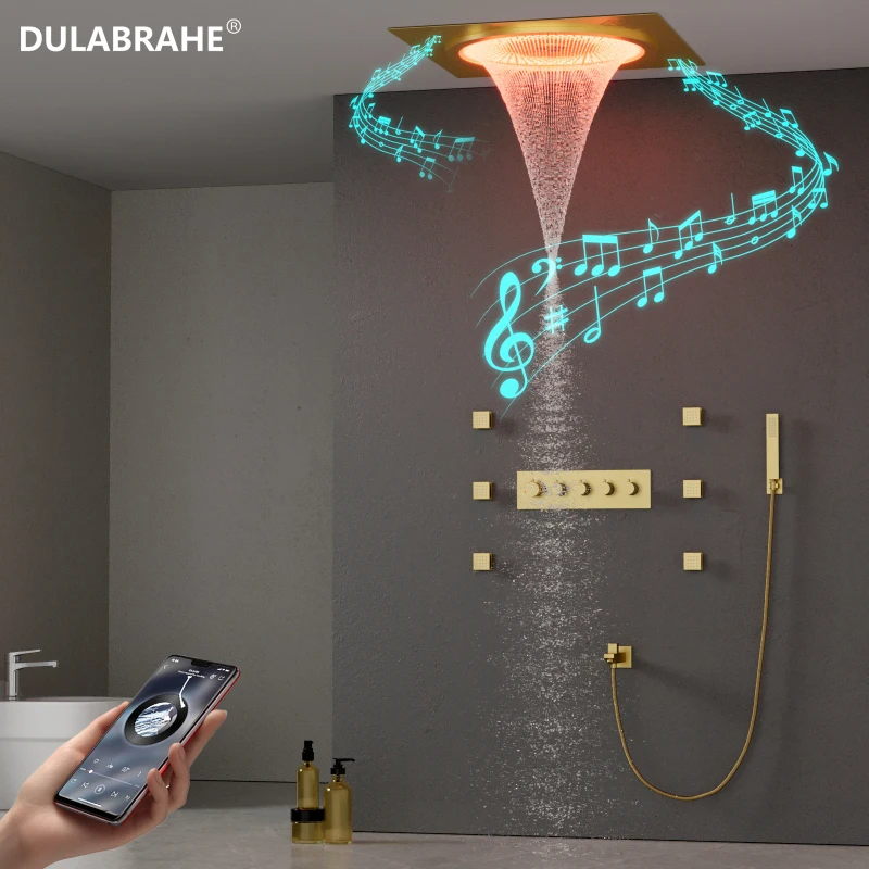 DULABRAHE Embedded Ceiling 20 Inch Gold LED Shower Head Bathroom Faucets Thermostatic Shower System Set With Music